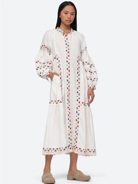 Sea NY- Alicia L/S White Embroidered Maxi Dress with Multicolor Trim